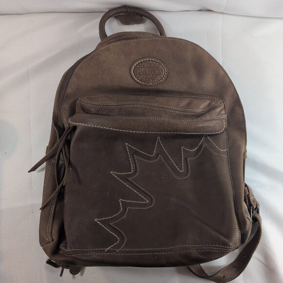 Roots Canada Genuine Leather Backpack Brown Canadian Leaf Bag Tan Vintage Large - Picture 1 of 16